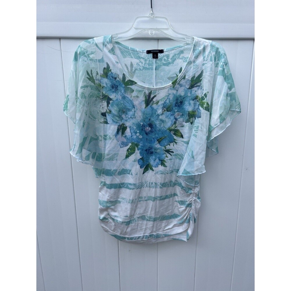 Espresso Blouse Womens Medium Short Sleeve Blue White Floral Boho